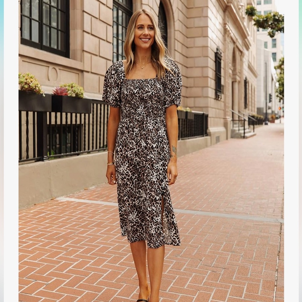 Leopard Print Midi Dress with Smocked Bodice and Front Slit